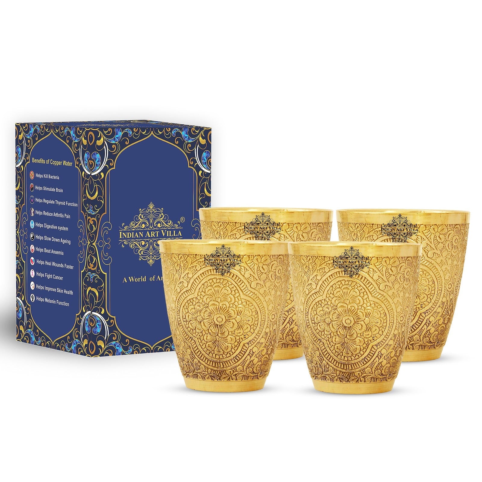 Handcrafted Pure Brass Embossed Designer Tumbler, Glass  280 ml