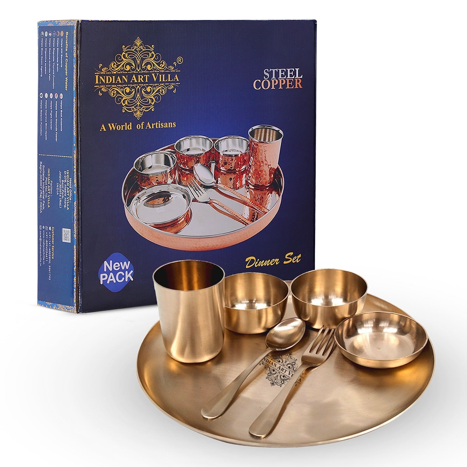 Handcrafted Pure Brass Matt Finish 7 Pieces Dinner Set / Thali Set, Dinnerware, Tableware