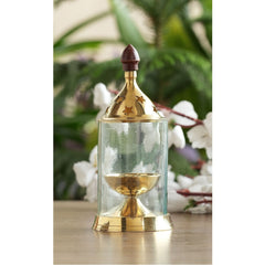 Pure Brass Akhand Diya, Oil Lamp With Glass Cover For Pooja