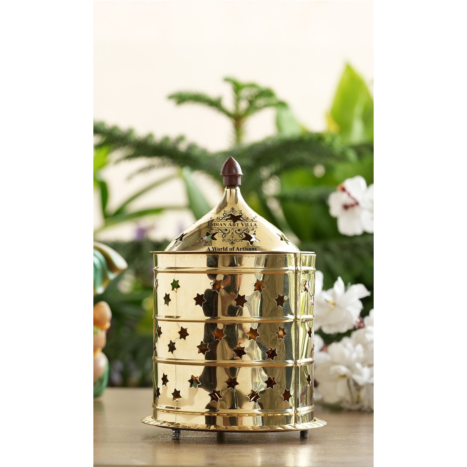 Pure Brass Akhand Jyot Diya, Star Design, Molded Brass Lid