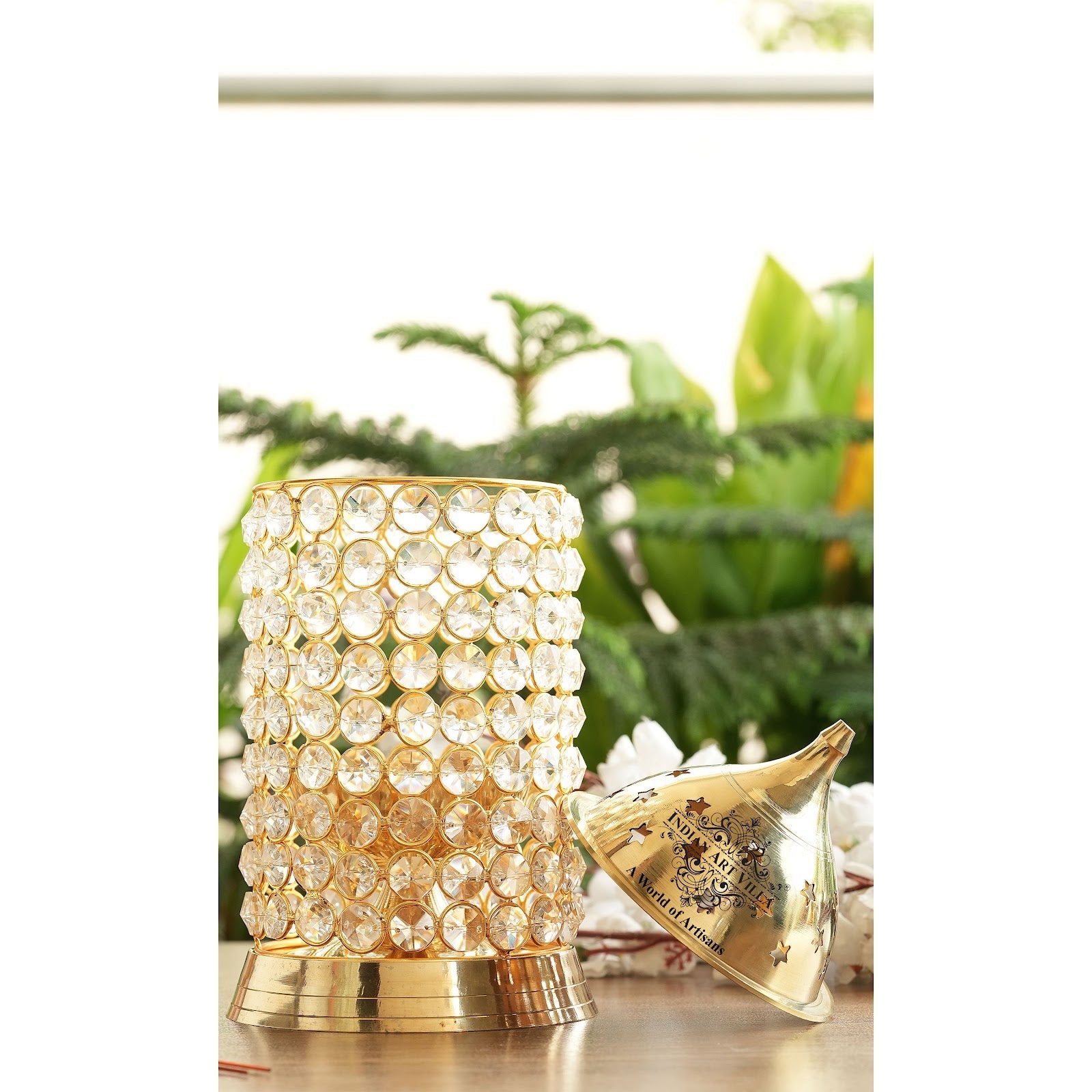 Brass Crystal Design Diya, Spiritual Item, Akhand Deepak, 26.67 cm Height