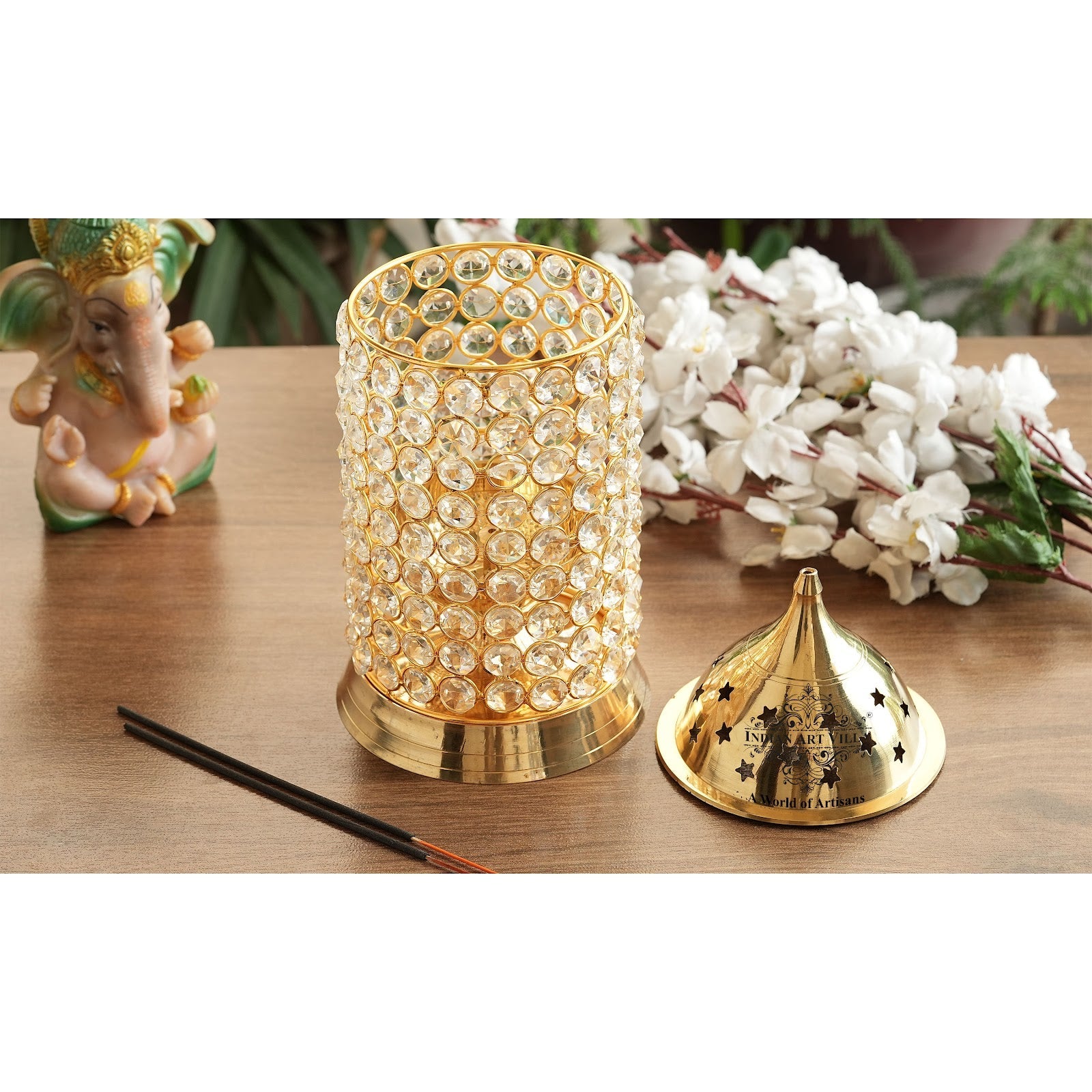 Brass Crystal Design Diya, Spiritual Item, Akhand Deepak, 26.67 cm Height