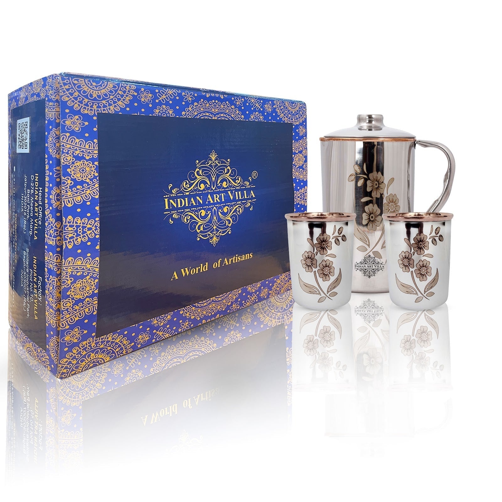 Handmade Pure Steel Copper Jug Pitcher With Glass Tumbler Gift Set