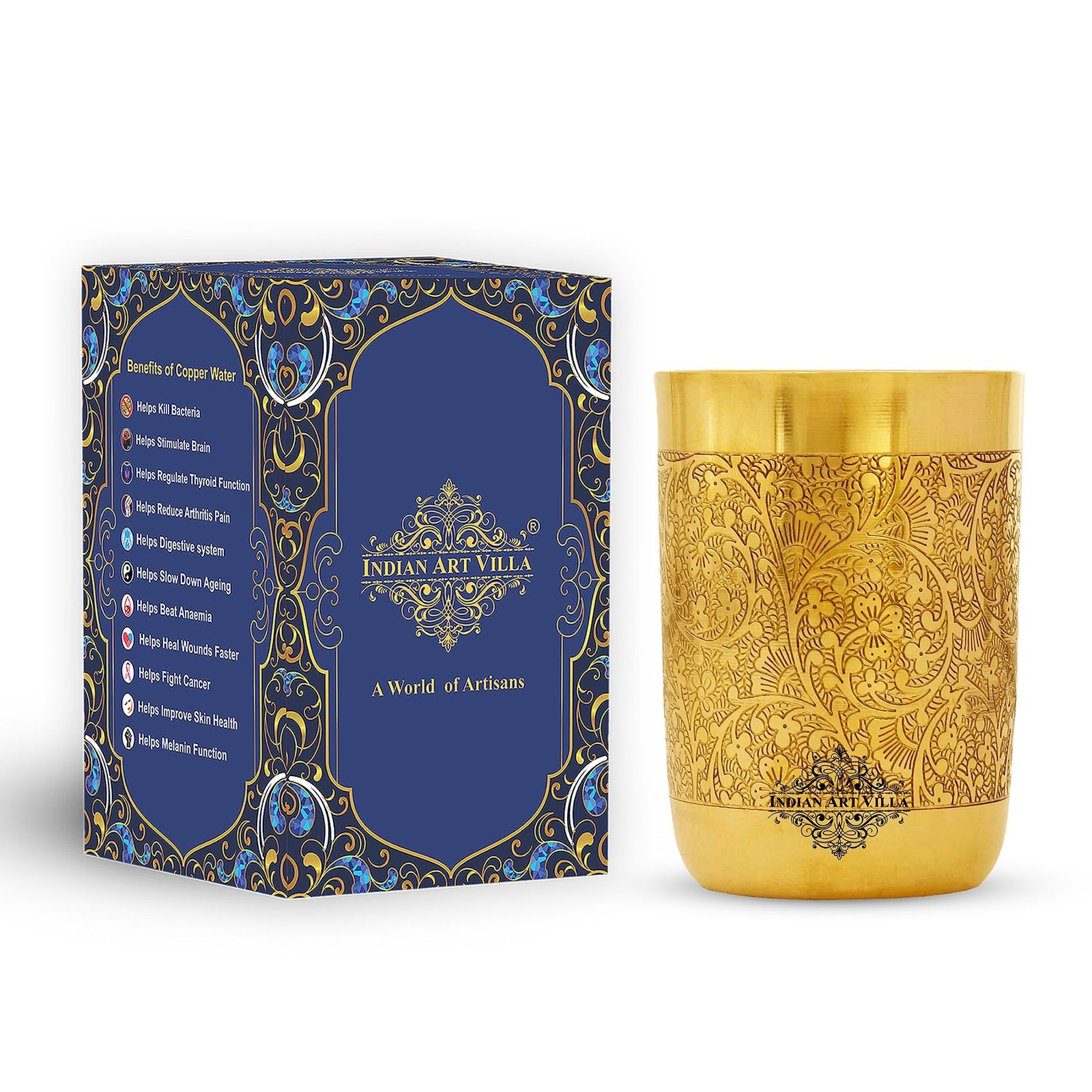 Handcrafted Pure Brass Glass with Embossed Flower Design 300ml
