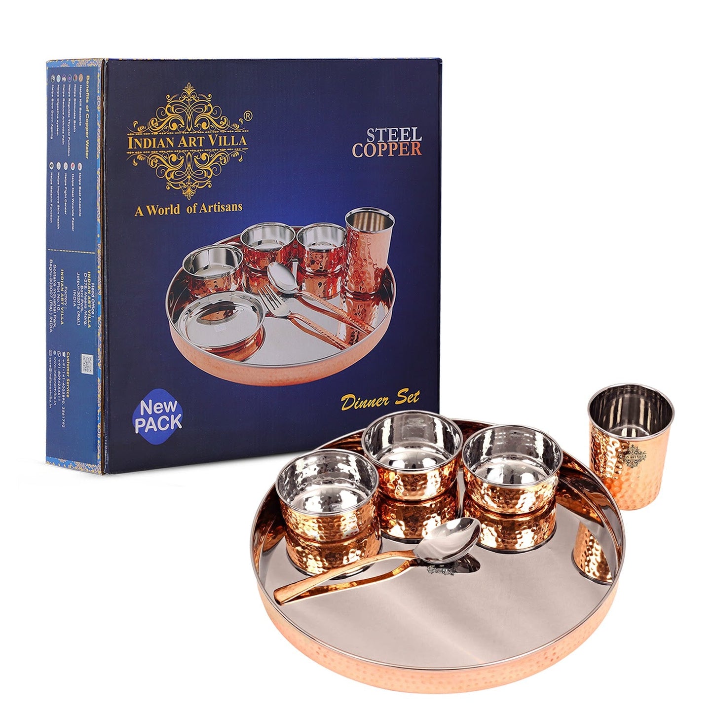 Pure Steel Copper Hammered Design Thali Dinner Set ( 6 Pieces )