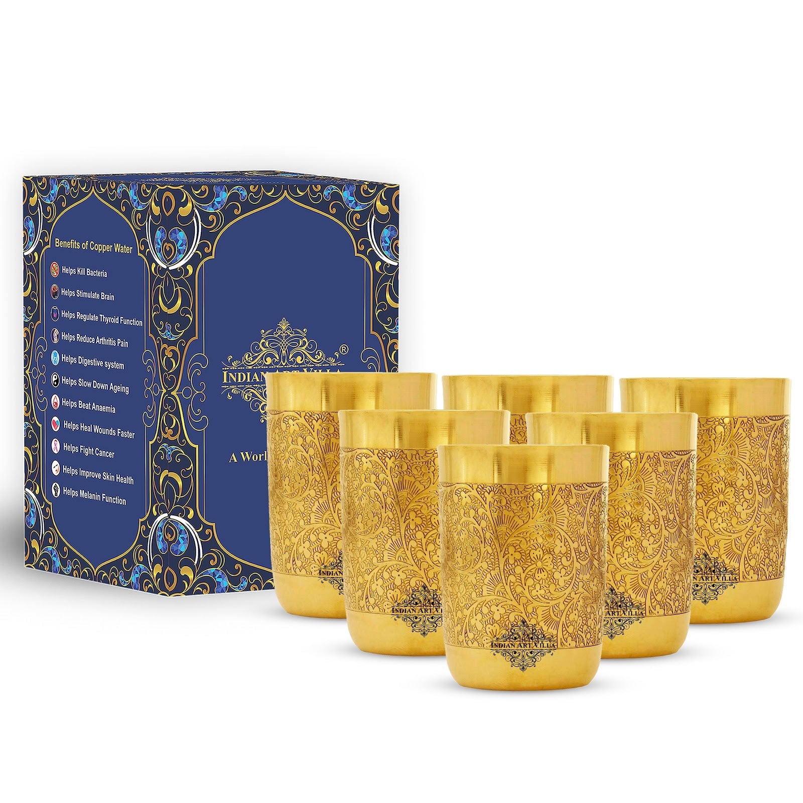 Handcrafted Pure Brass Glass with Embossed Flower Design 300ml