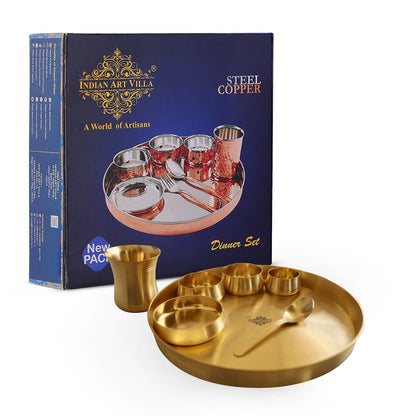 Brass 7 Pieces Dinner Set in Matt Finish, Set of 1 Thali, 1 Glass, 1 Spoon, 1 Halva Bowl, 2 Medium Bowl and 1 chutney bowl