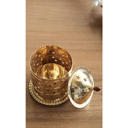 Pure Brass Akhand Jyot Diya, Star Design, Molded Brass Lid