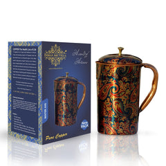 Pure Copper Paisley Printed Design Jug With Brass Knob on Lid