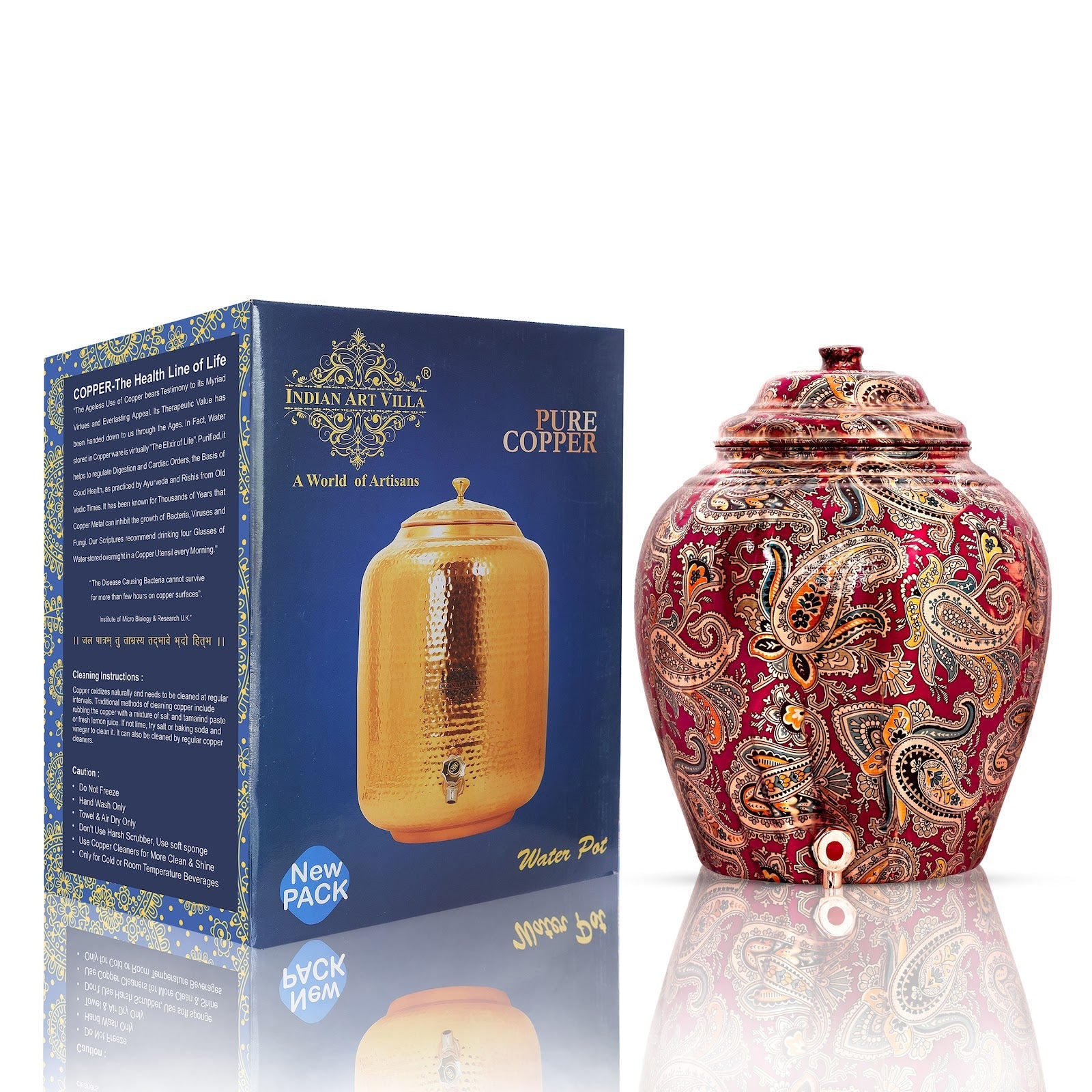 Handcrafted Pure Copper Water Pot with Maroon Printed Design, 13 Ltr.