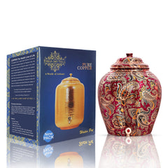 Handcrafted Pure Copper Water Pot with Maroon Printed Design, 13 Ltr.