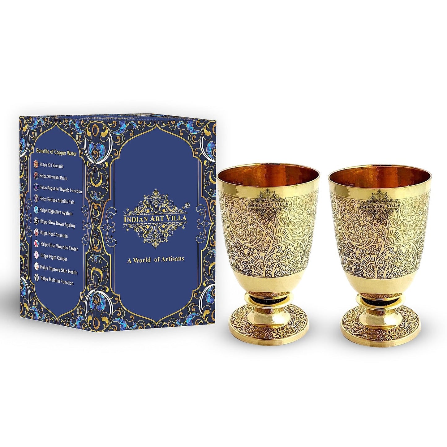 Pure Brass Embossed leaves Design Glass with Stand-350 ML