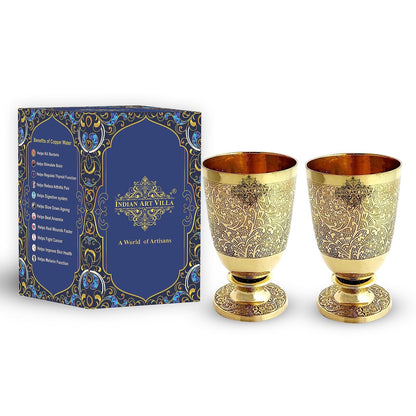 Pure Brass Embossed leaves Design Glass with Stand-350 ML