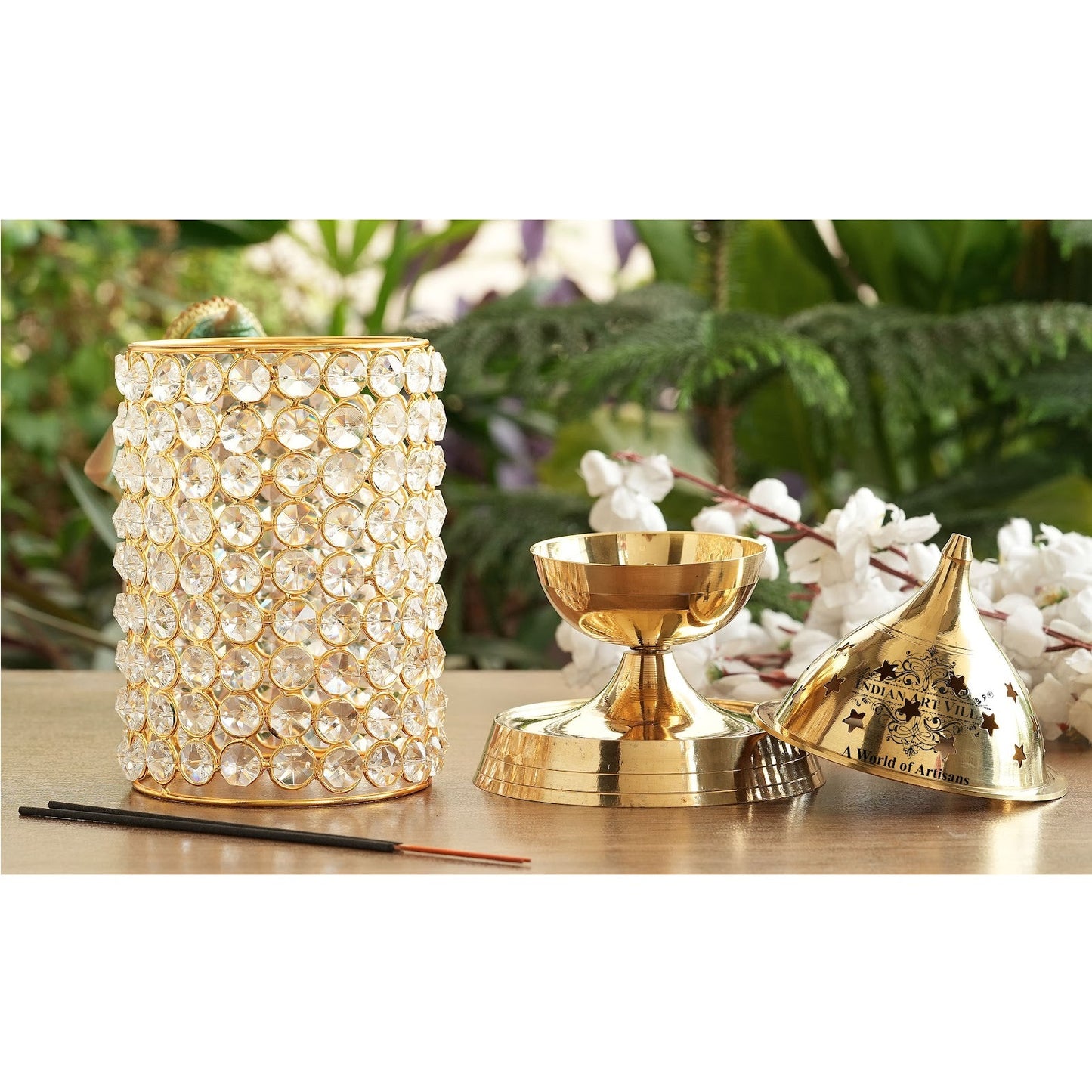 Brass Crystal Design Diya, Spiritual Item, Akhand Deepak, 26.67 cm Height