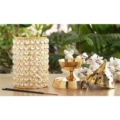 Brass Crystal Design Diya, Spiritual Item, Akhand Deepak, 26.67 cm Height