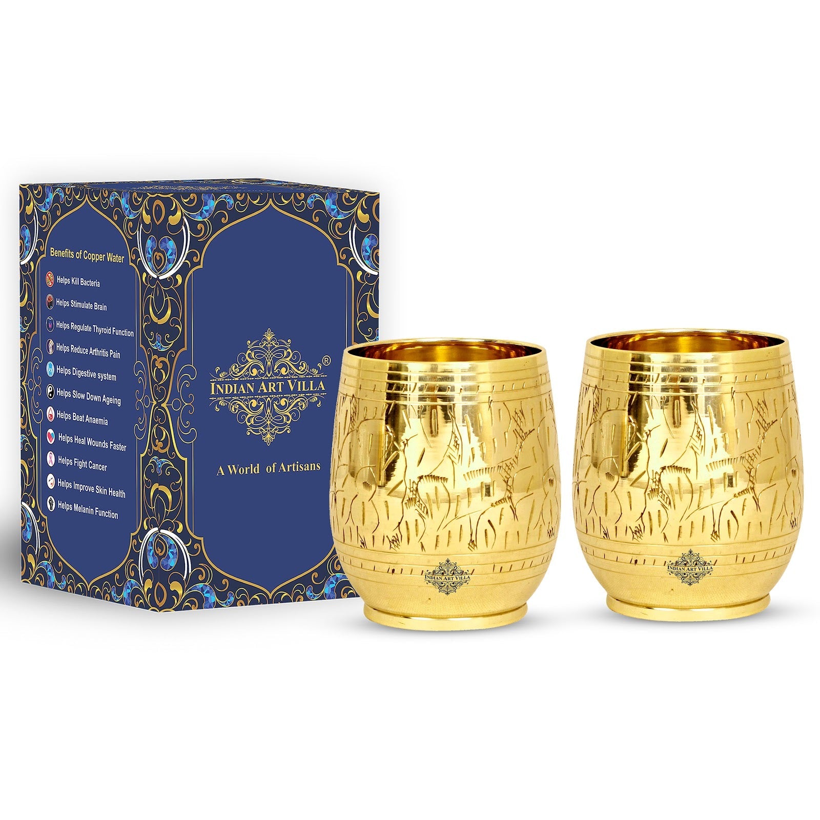 Handmade Pure Brass Engraving Leaf Design Glass Tumbler 300 ML