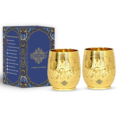 Handmade Pure Brass Engraving Leaf Design Glass Tumbler 300 ML