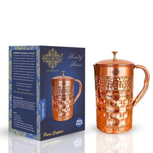 Pure Copper Jug With Diamond Hammered Beeding & Plain Design
