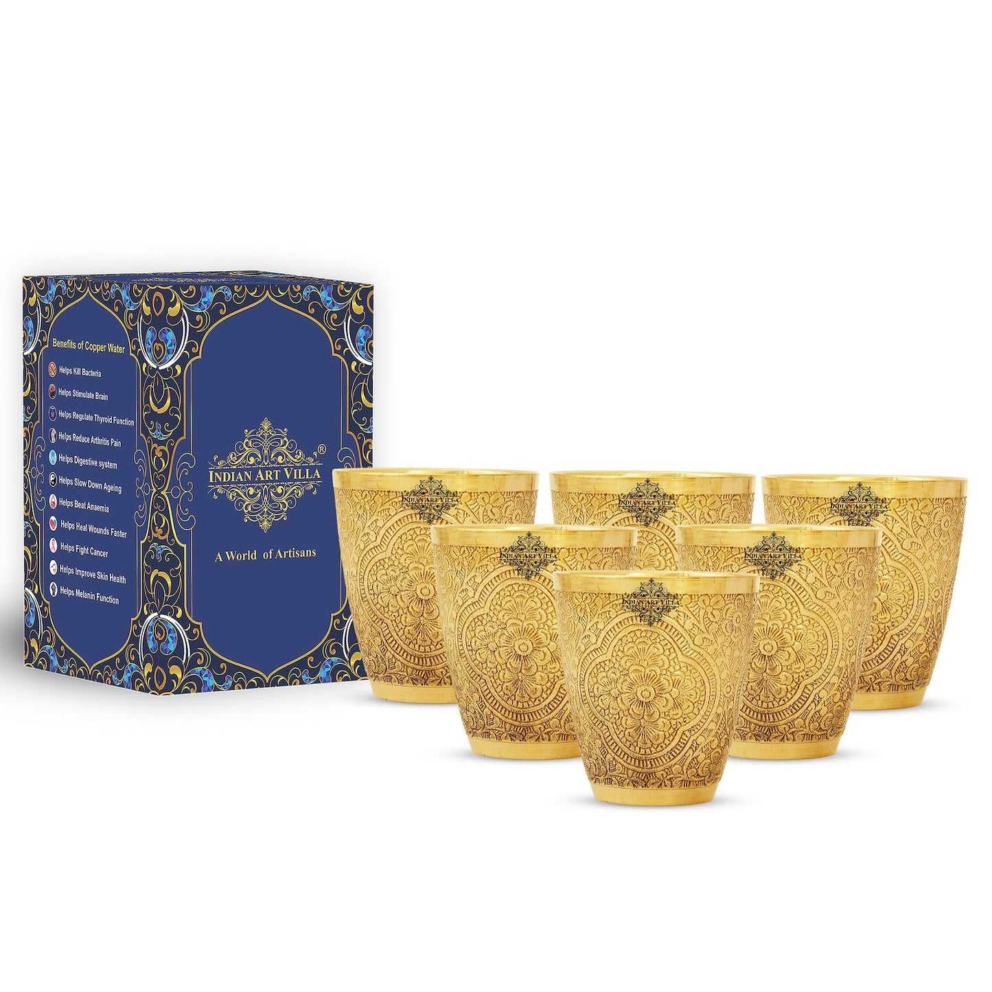 Handcrafted Pure Brass Embossed Designer Tumbler, Glass  280 ml