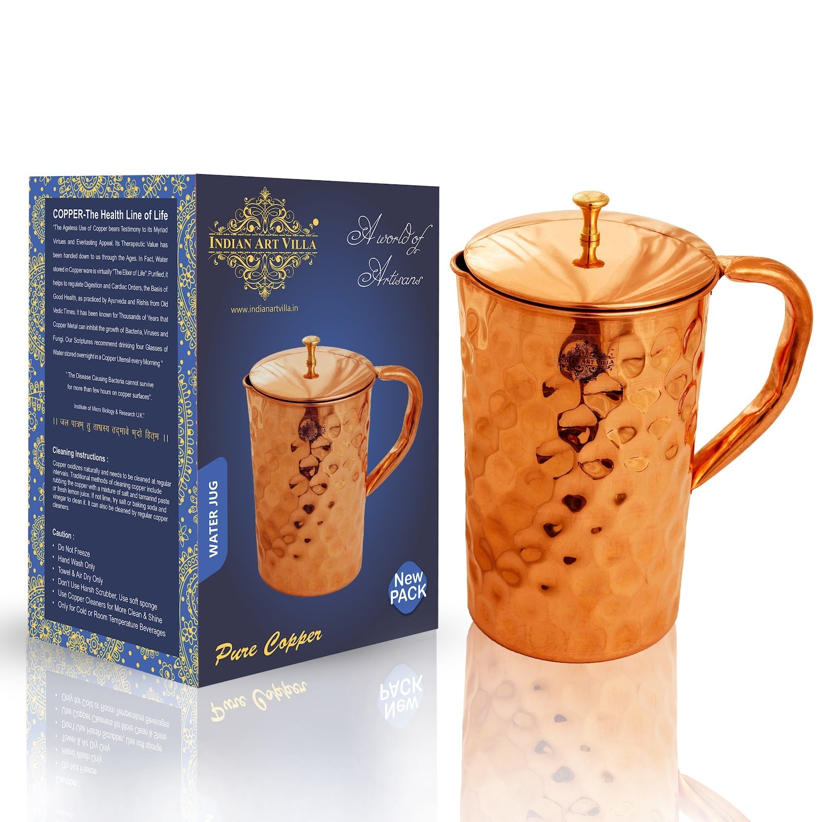 Pure Copper Diamond Hammered Jug With Brass Knob on Lid