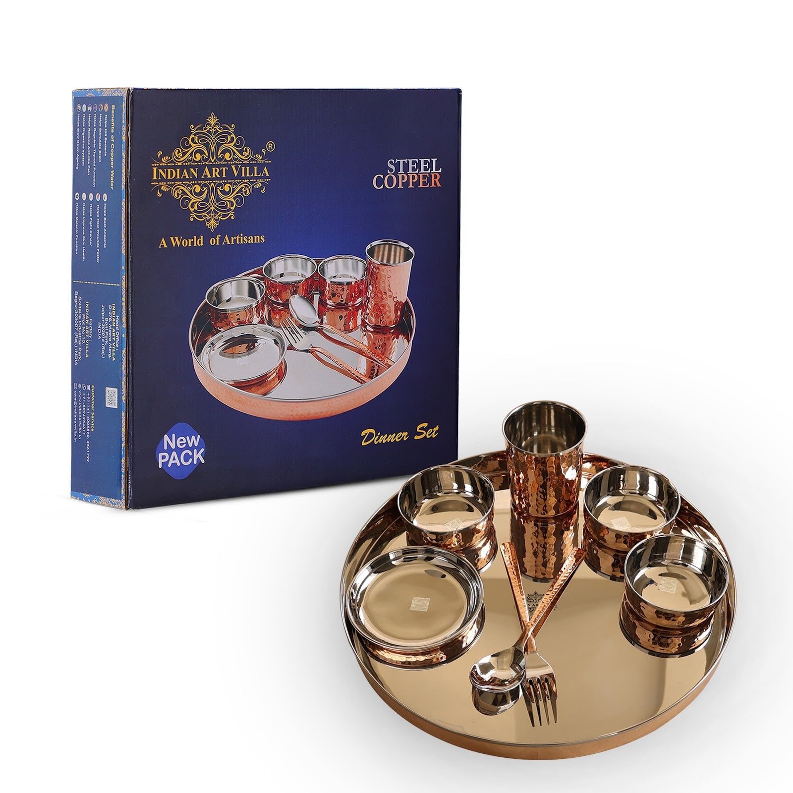 Handcrafted Pure Steel Copper 8 Pieces Dinner Set with Hammered Design