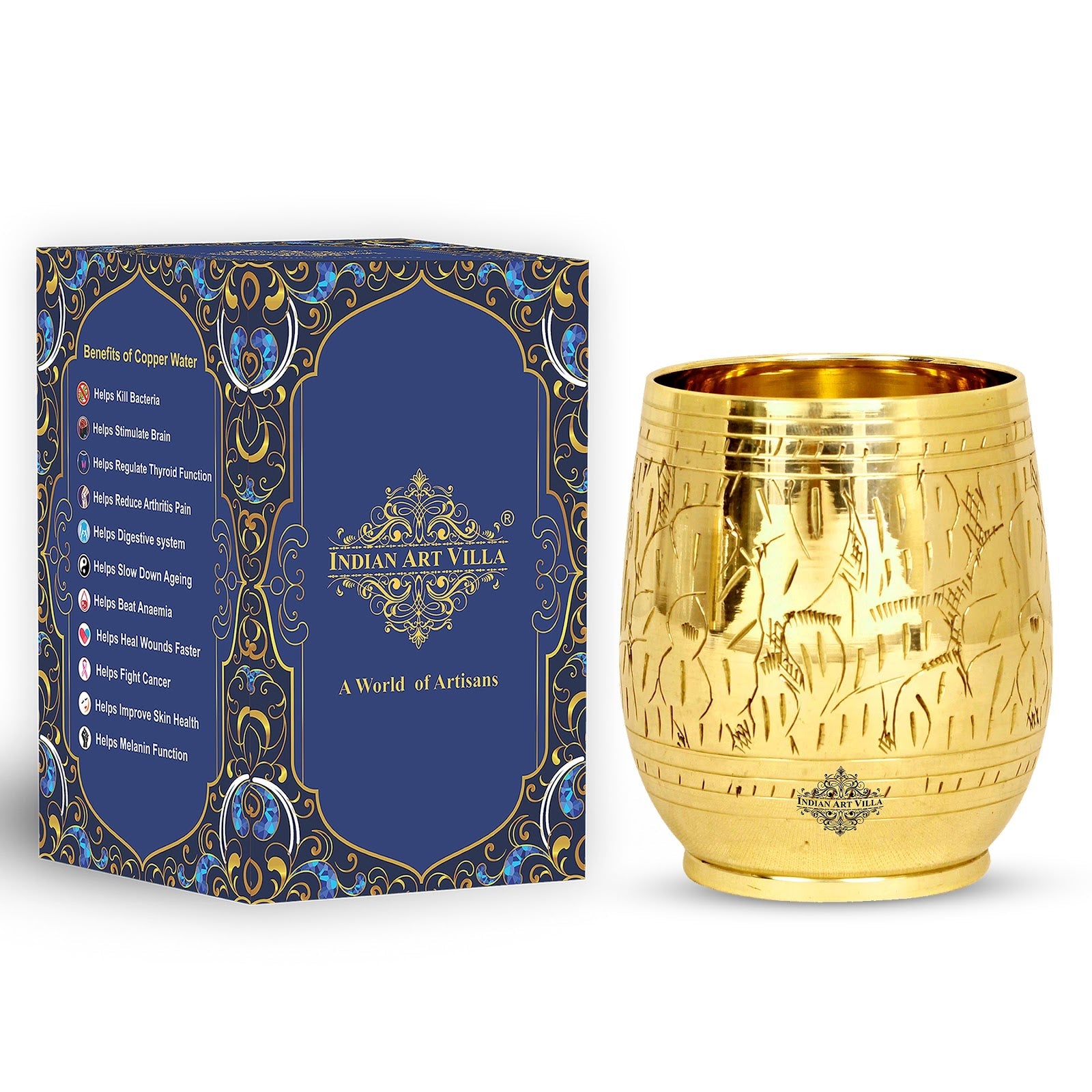 Handmade Pure Brass Engraving Leaf Design Glass Tumbler 300 ML