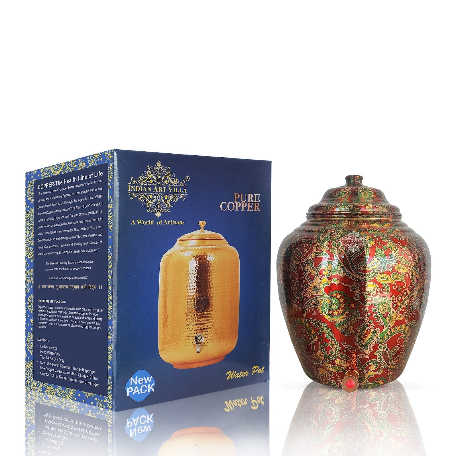 Pure Copper Printed Red And Green Paisley Water Pot