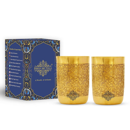 Handcrafted Pure Brass Glass with Embossed Flower Design 300ml