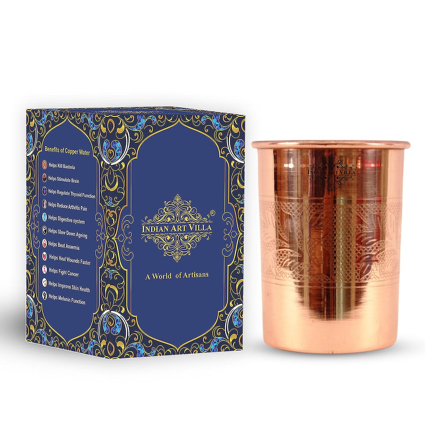 Pure Copper Glass With Handcrafted Embossed Design 275 ML