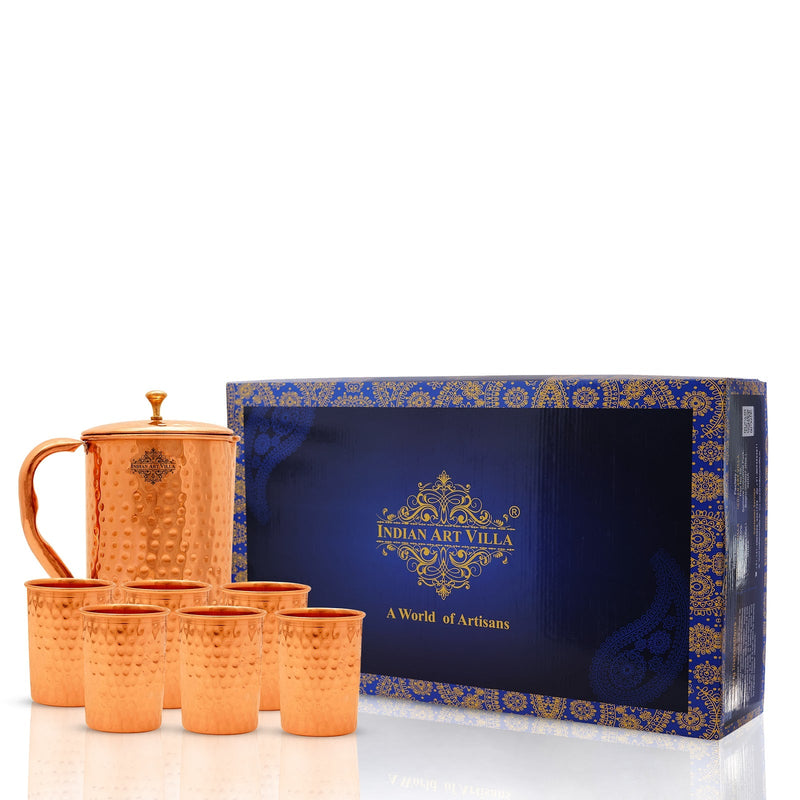 Handmade Pure Copper Hammered Design Jug & Glass with Box, Drinkware Gift Set