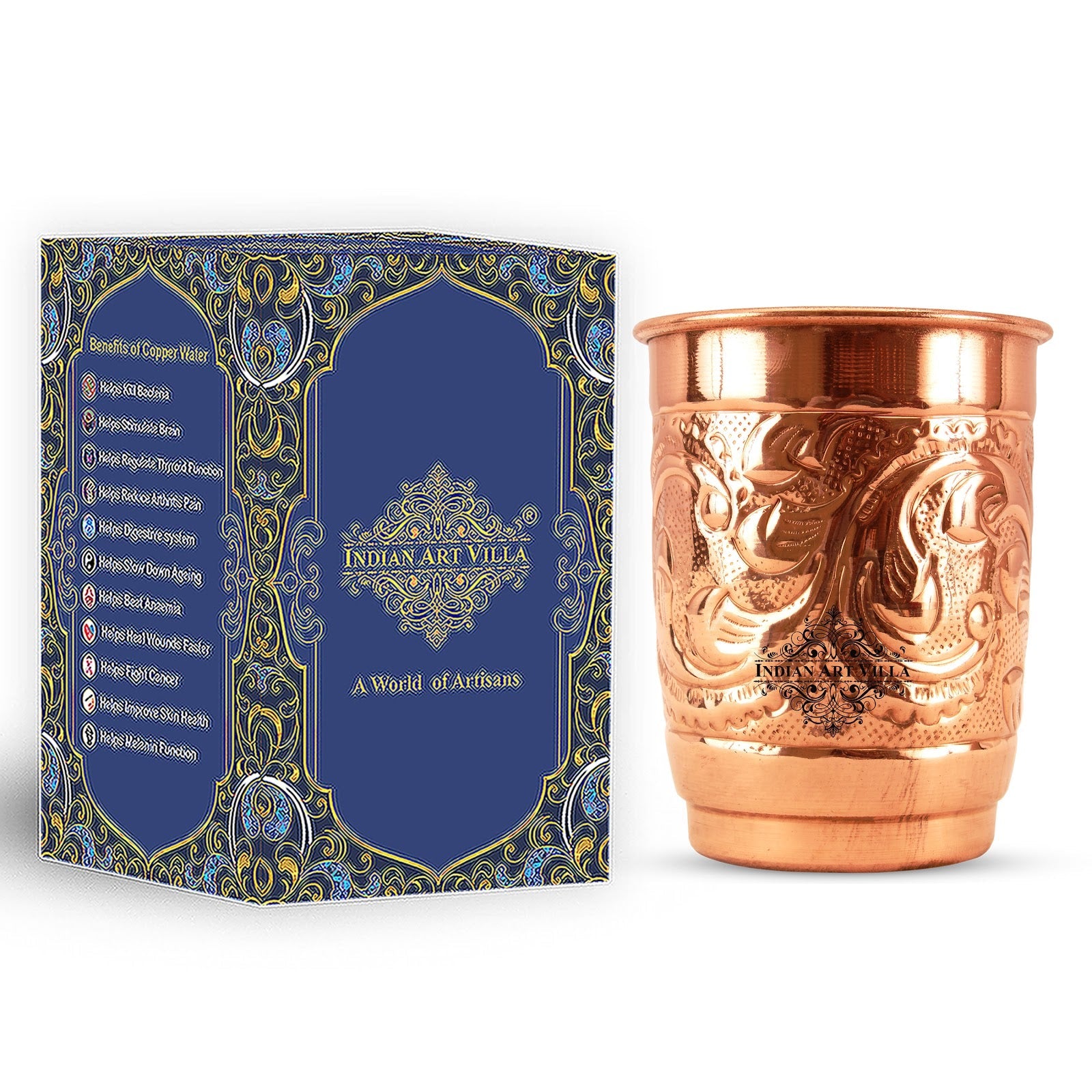 Pure Copper Engraved Leaf Design Glass 400ML
