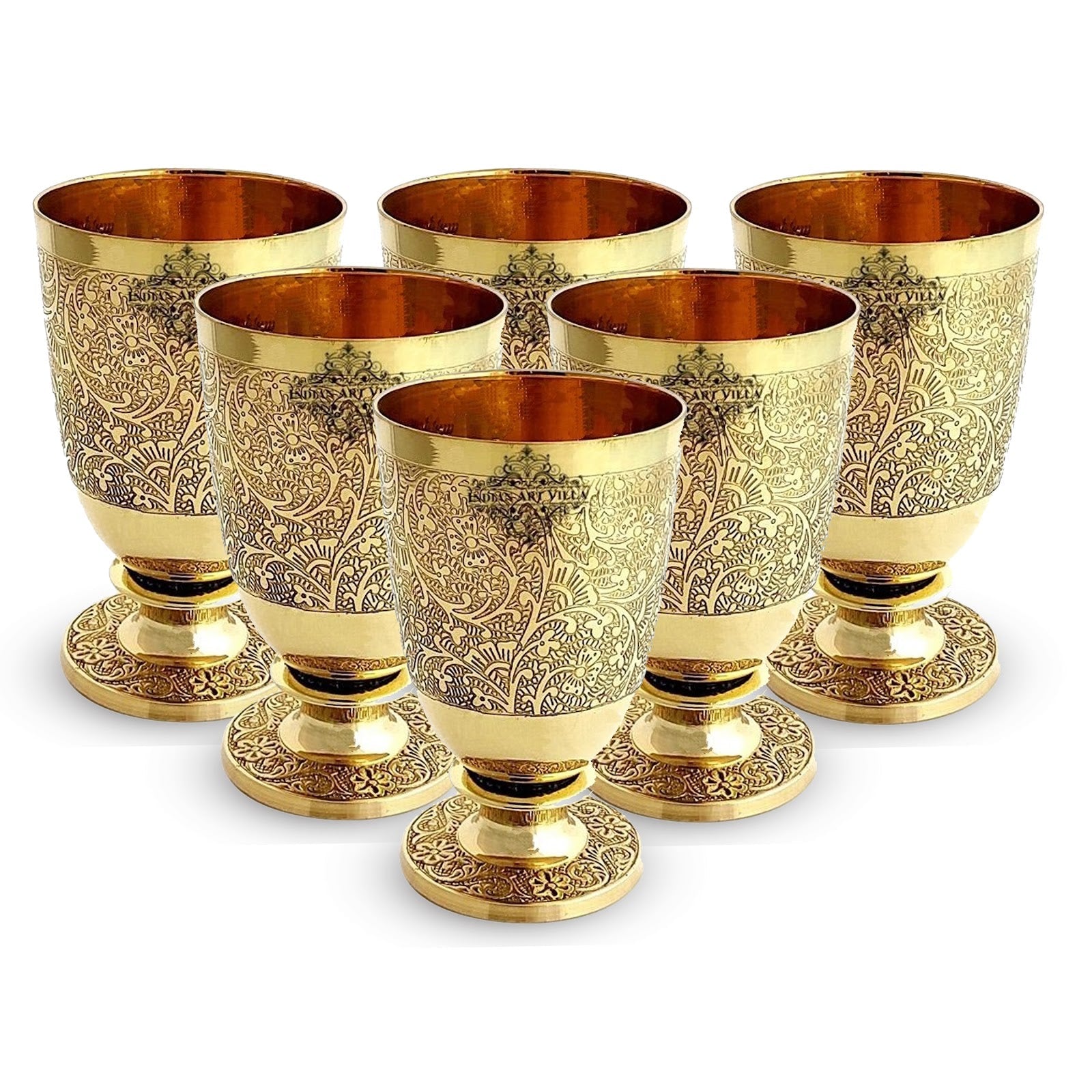 Pure Brass Embossed leaves Design Glass with Stand-350 ML