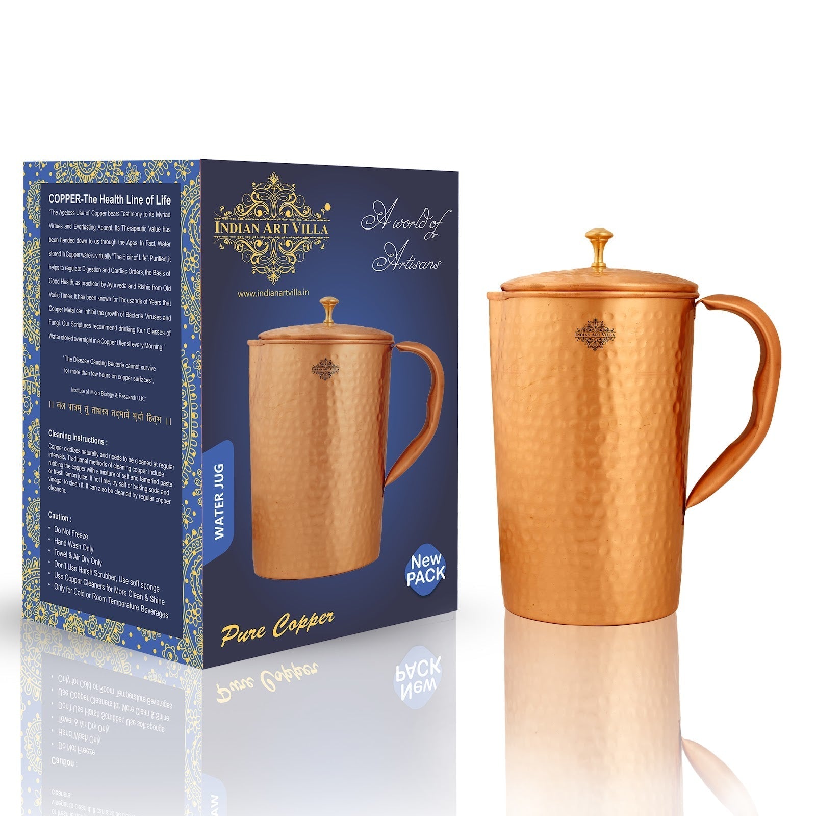 Pure Copper Plain & Matt  Hammered Jug With Brass Knob on Lid