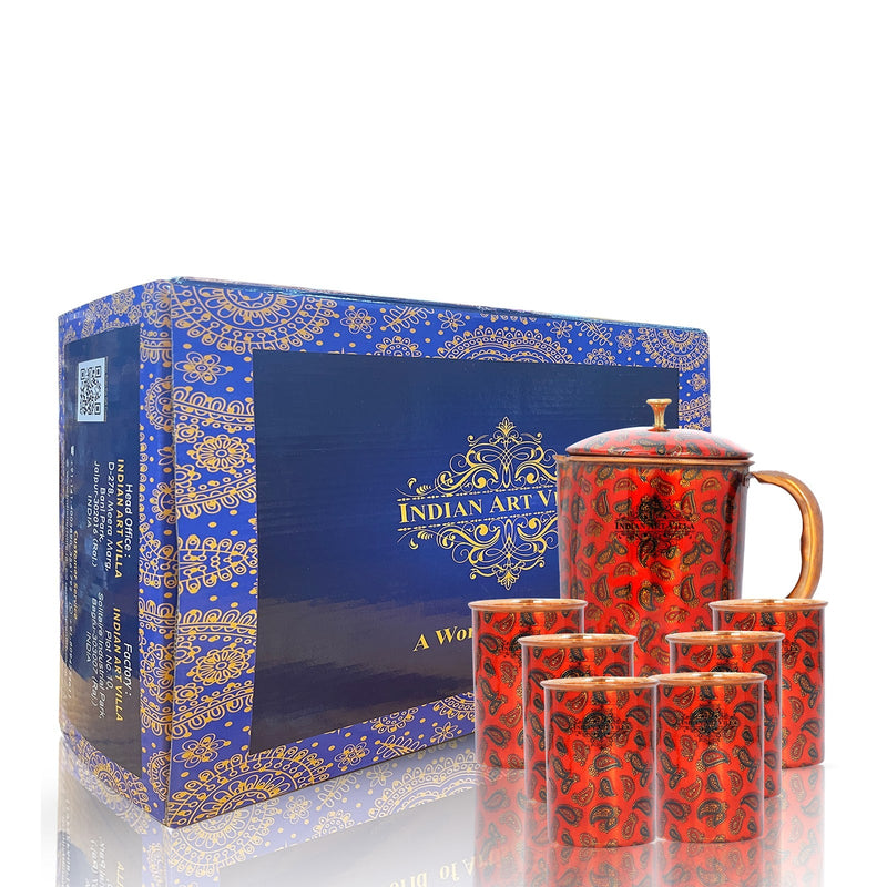 Pure Copper Jug with 2 Glass Gift Box Set, Designer Printed Pitcher, Red