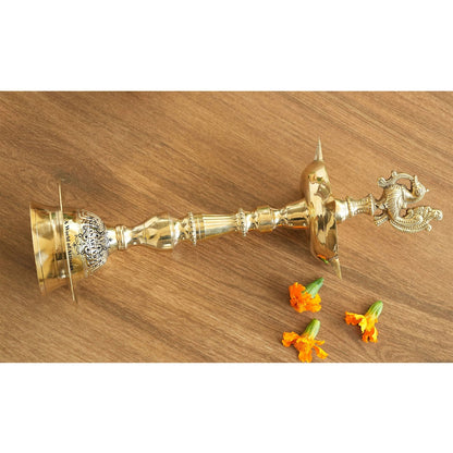 Pure Brass Stand Pillar Diya, Dana kashi Murga Design