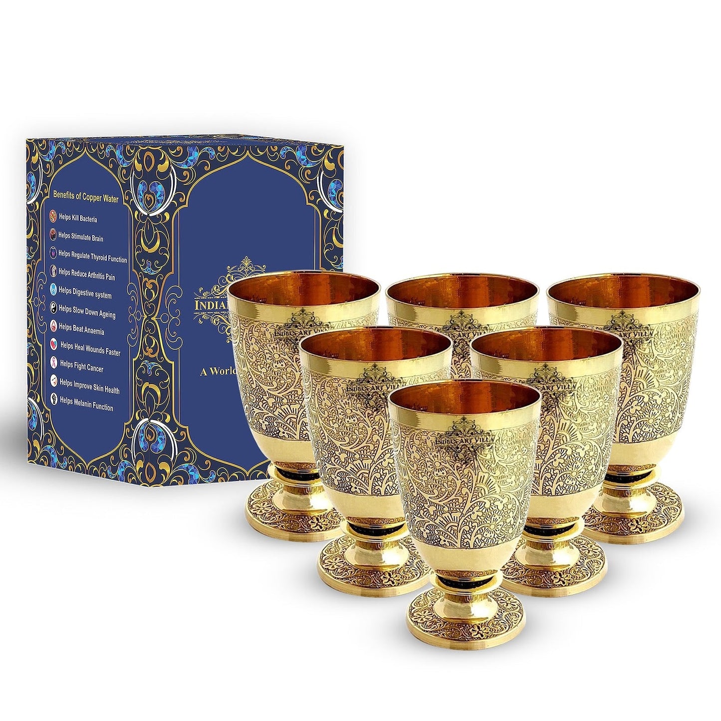 Pure Brass Embossed leaves Design Glass with Stand-350 ML