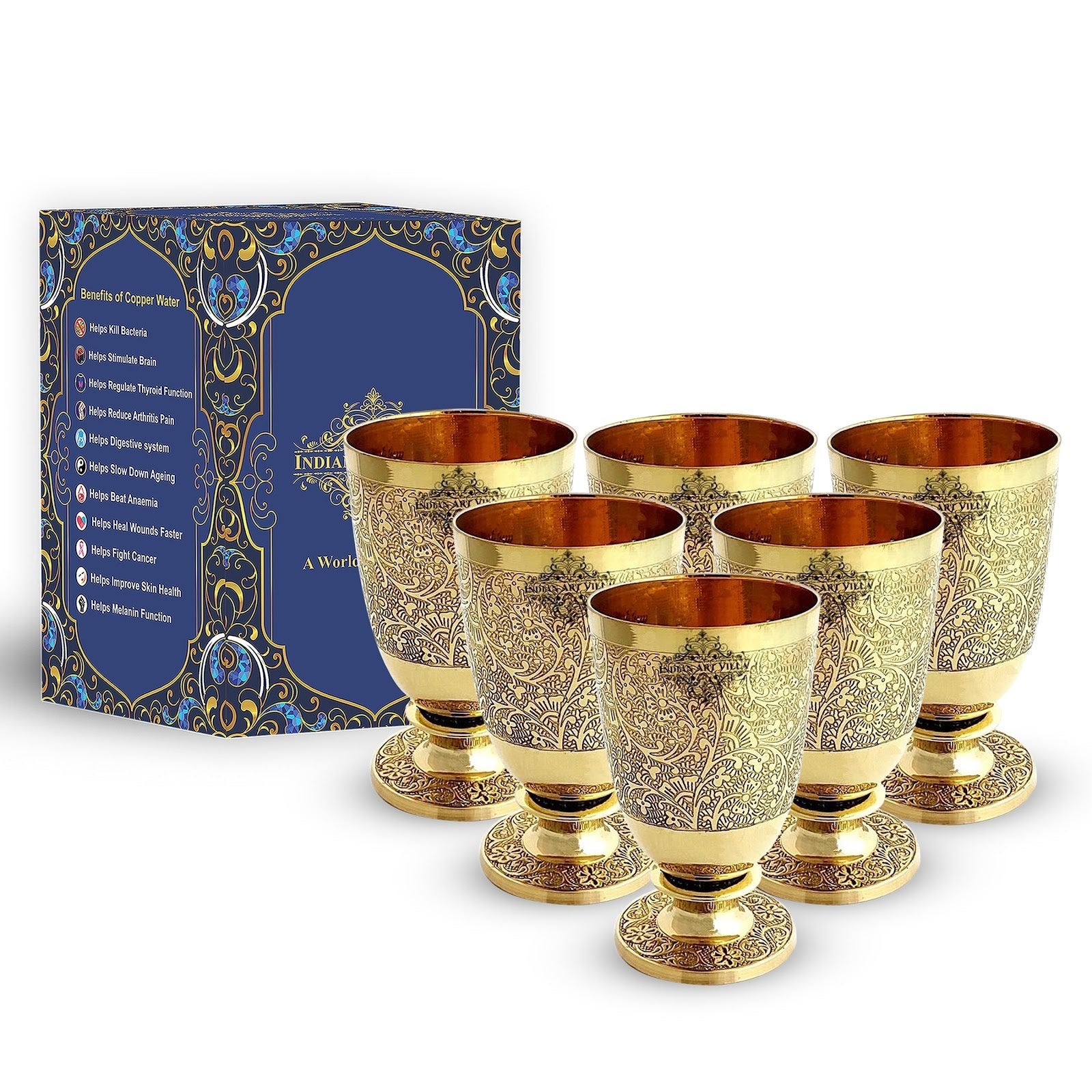 Pure Brass Embossed leaves Design Glass with Stand-350 ML