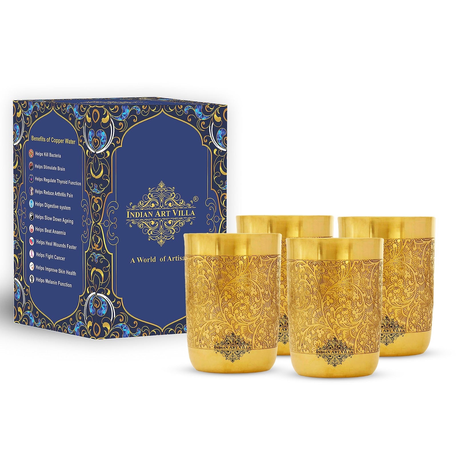 Handcrafted Pure Brass Glass with Embossed Flower Design 300ml