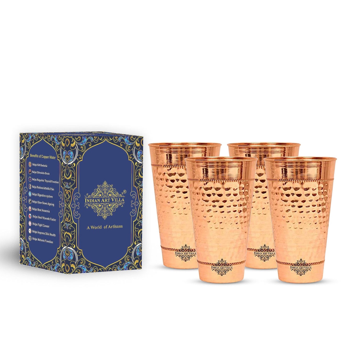 Pure Copper Hammered Design Big Lassi Glass with 2 Rings- 700 ML