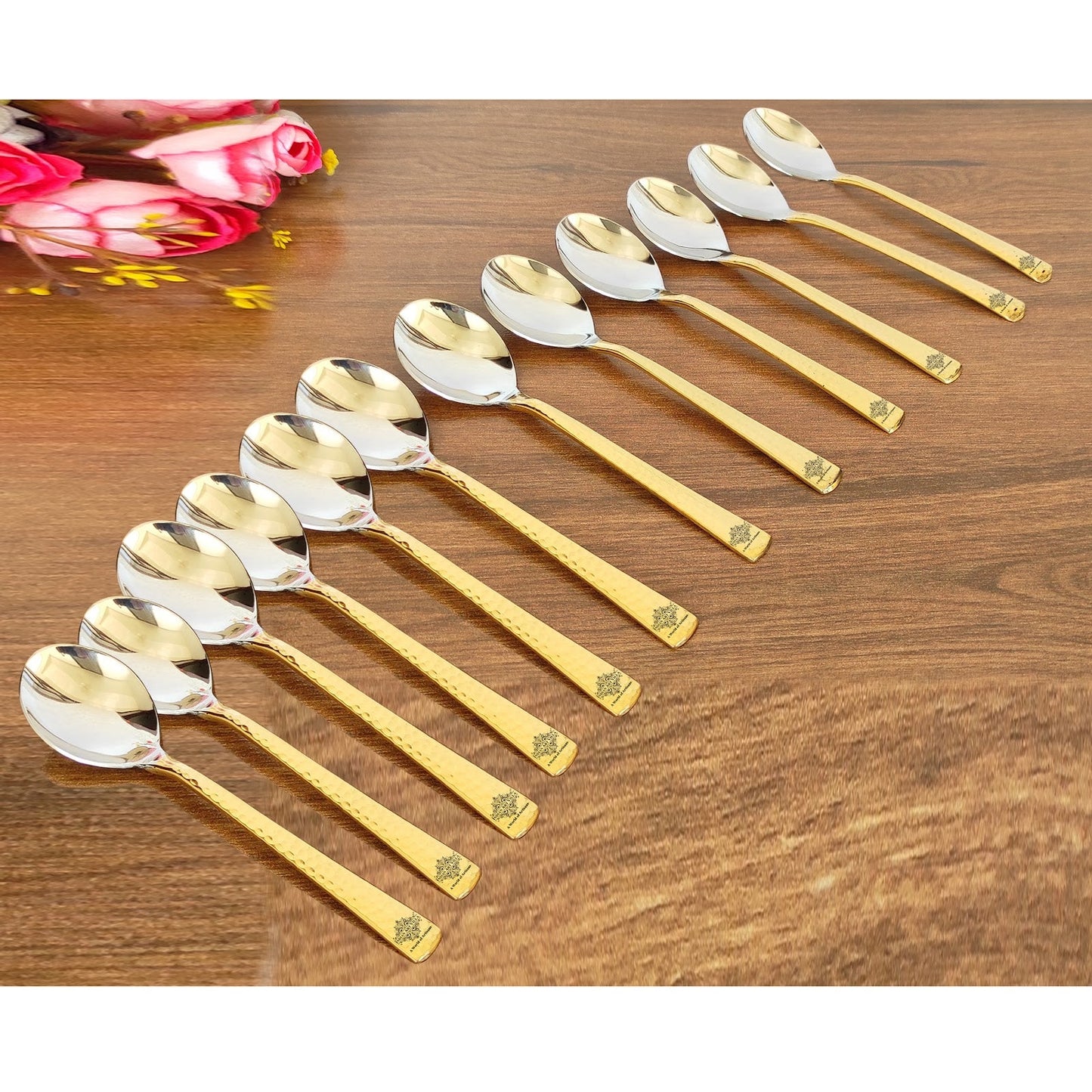 Steel Brass Dessert Spoon, Hammered Design, Elegant and Durable Cutlery for Cakes, Pies, and Ice Cream -