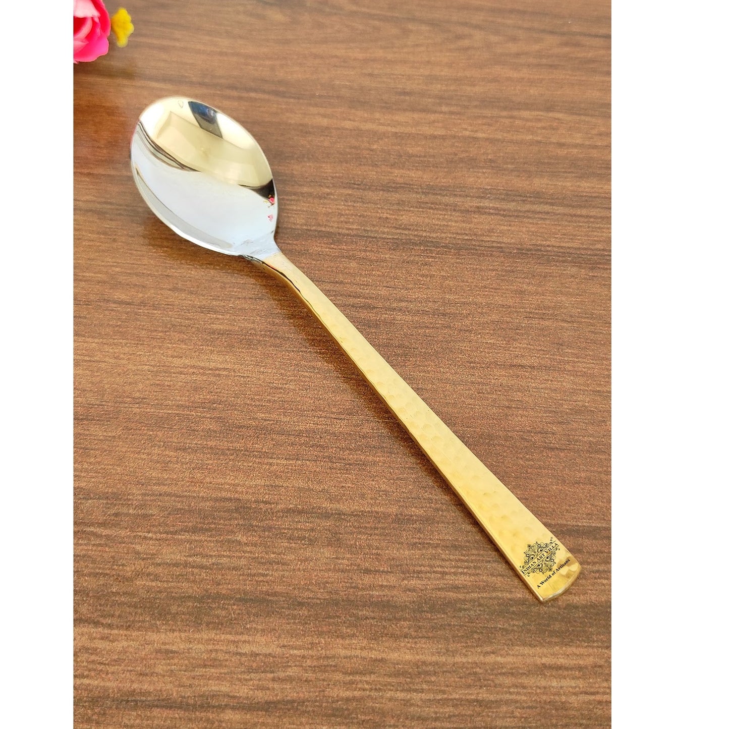 Steel Brass Dessert Spoon, Hammered Design, Elegant and Durable Cutlery for Cakes, Pies, and Ice Cream -