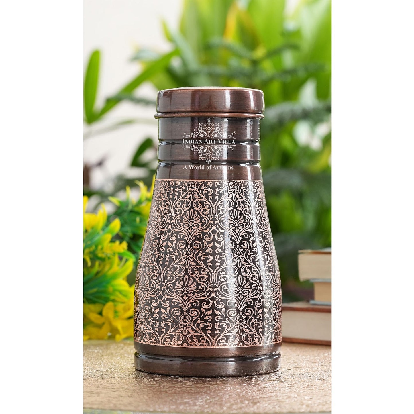 Pure Copper Embossed Bedroom Bottle With Inbuilt Glass