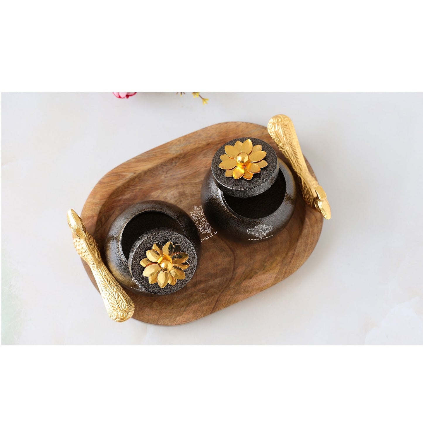 Peacock Design Dry Fruit Container Set with Tray, 2 Brown Boxes & 1 Wooden Tray, Diwali & Marriage Gift, Multipurpose Chocolate Box