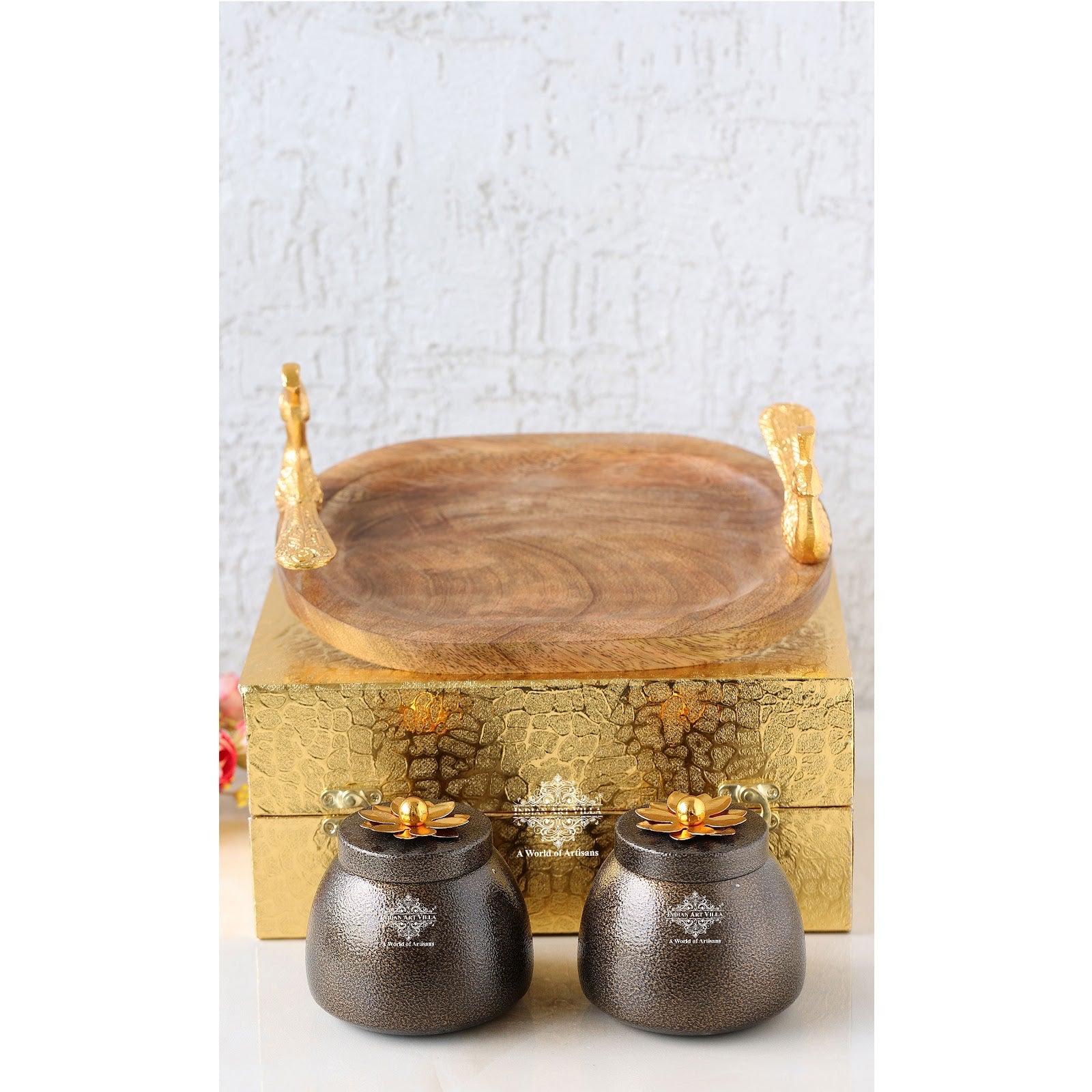 Peacock Design Dry Fruit Container Set with Tray, 2 Brown Boxes & 1 Wooden Tray, Diwali & Marriage Gift, Multipurpose Chocolate Box