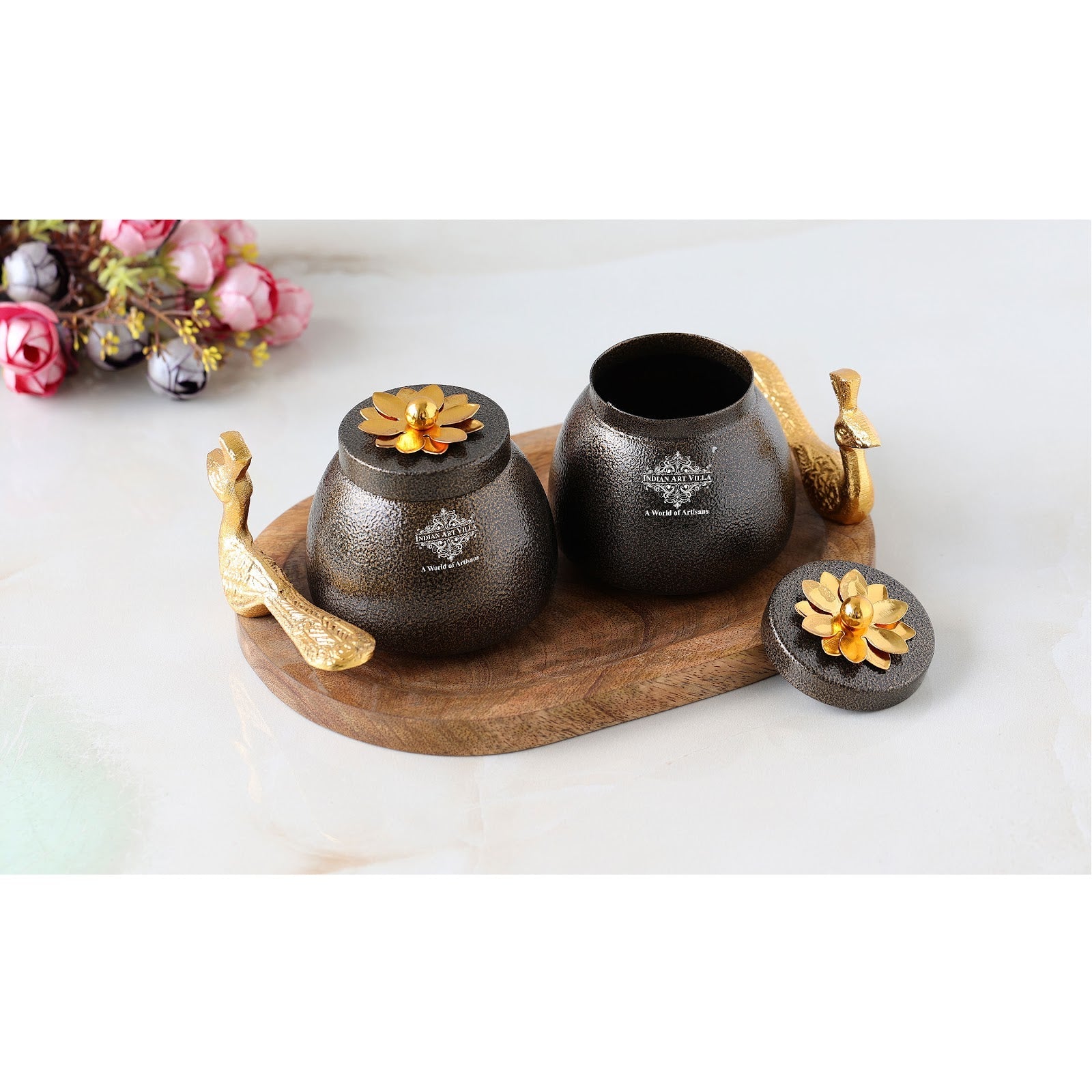 Peacock Design Dry Fruit Container Set with Tray, 2 Brown Boxes & 1 Wooden Tray, Diwali & Marriage Gift, Multipurpose Chocolate Box