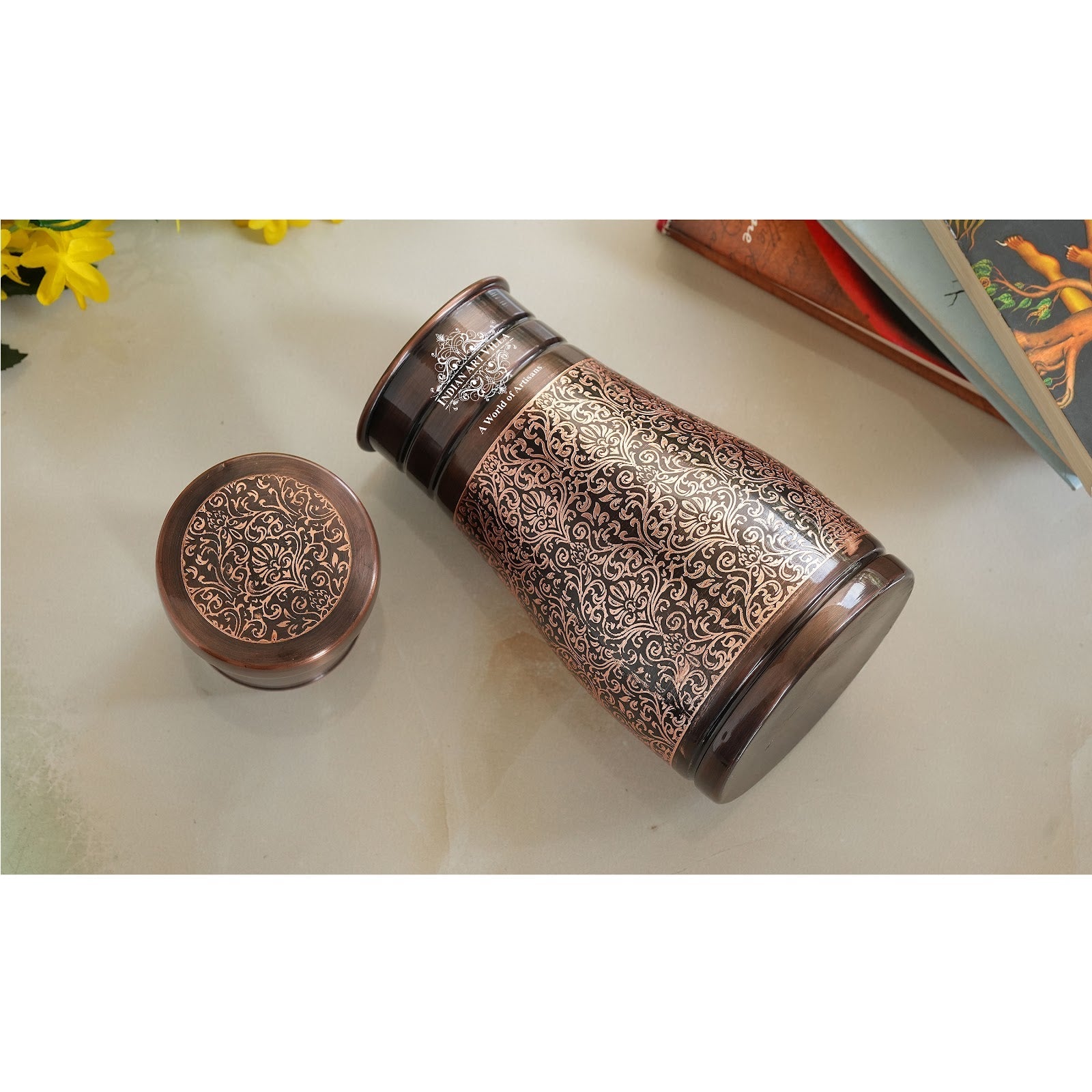 Pure Copper Embossed Bedroom Bottle With Inbuilt Glass