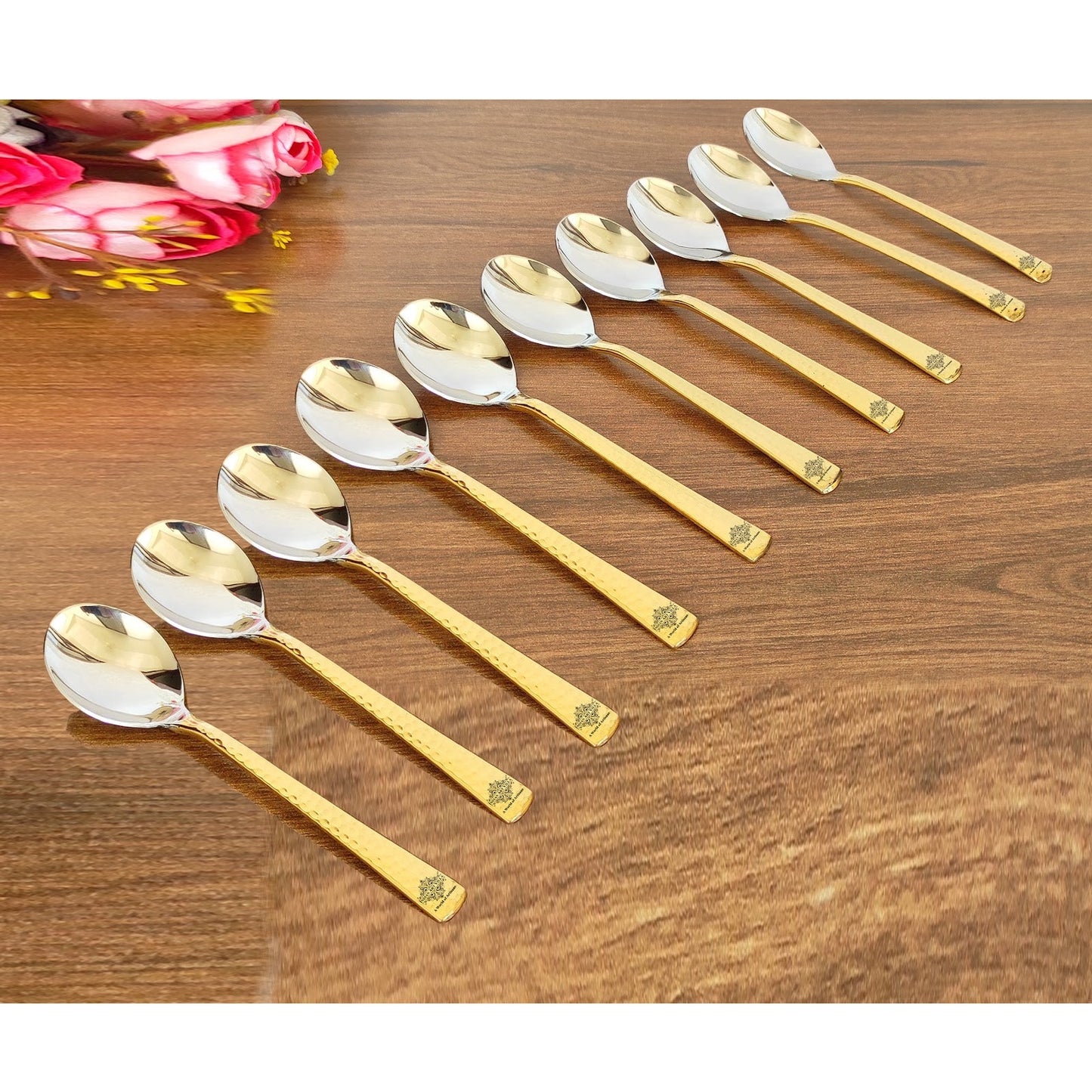 Steel Brass Dessert Spoon, Hammered Design, Elegant and Durable Cutlery for Cakes, Pies, and Ice Cream -