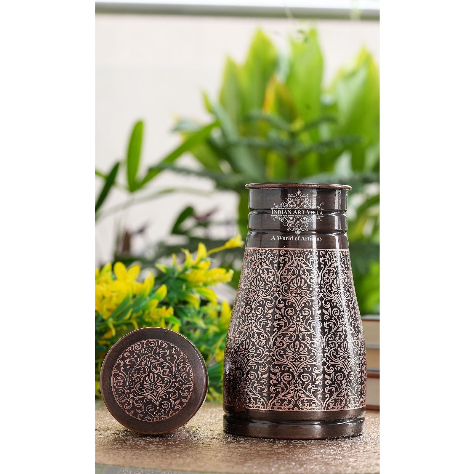 Pure Copper Embossed Bedroom Bottle With Inbuilt Glass