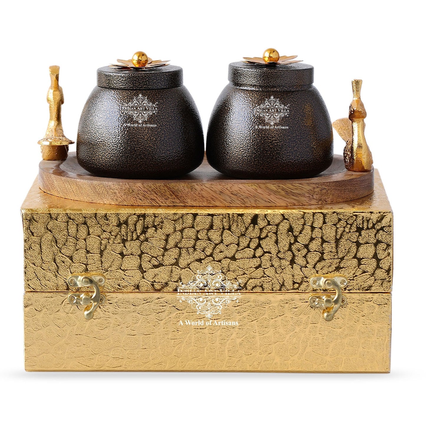 Peacock Design Dry Fruit Container Set with Tray, 2 Brown Boxes & 1 Wooden Tray, Diwali & Marriage Gift, Multipurpose Chocolate Box