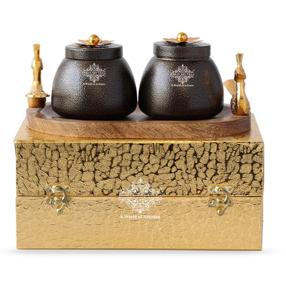 Peacock Design Dry Fruit Container Set with Tray, 2 Brown Boxes & 1 Wooden Tray, Diwali & Marriage Gift, Multipurpose Chocolate Box